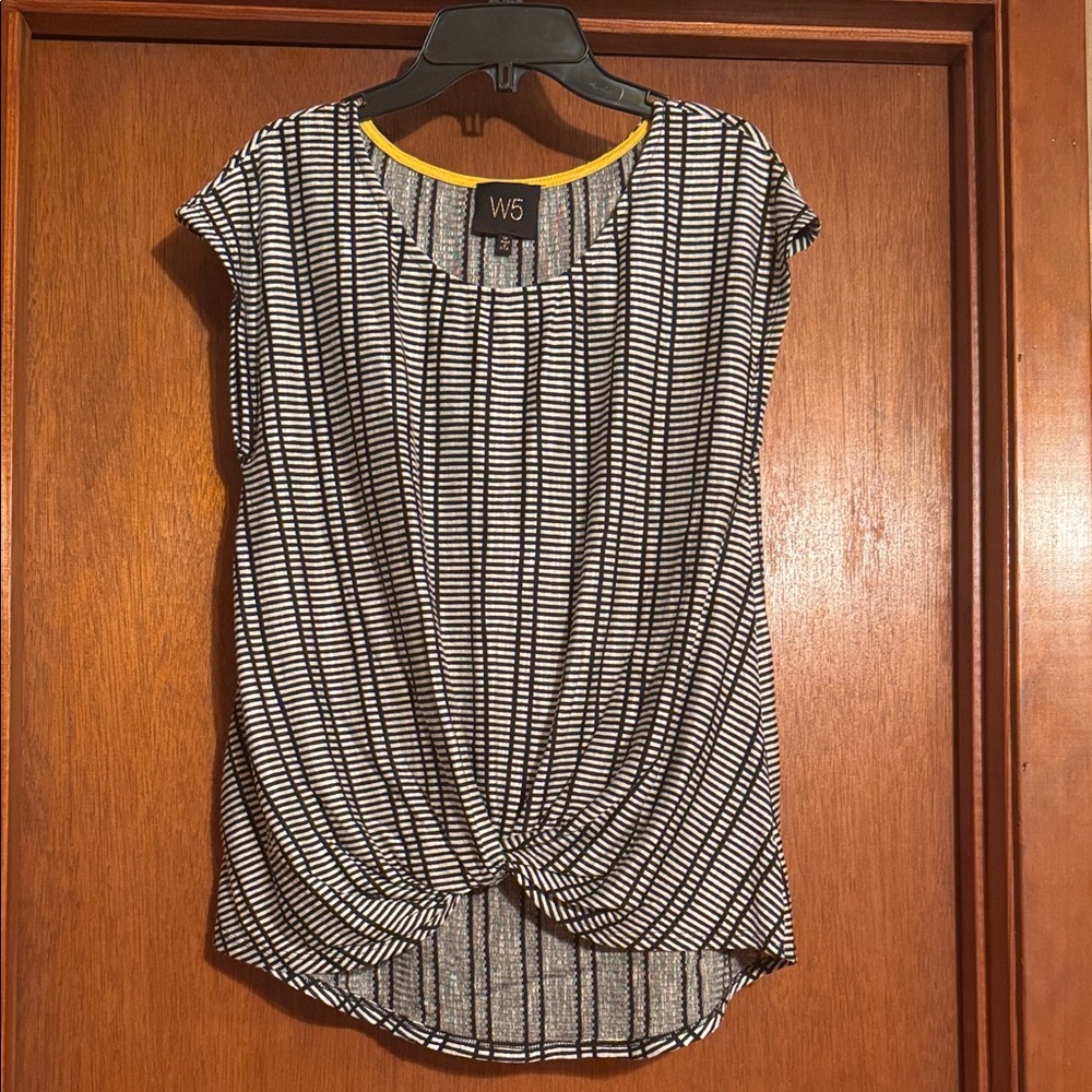 W5 Black and White Striped Blouse with Yellow Accent